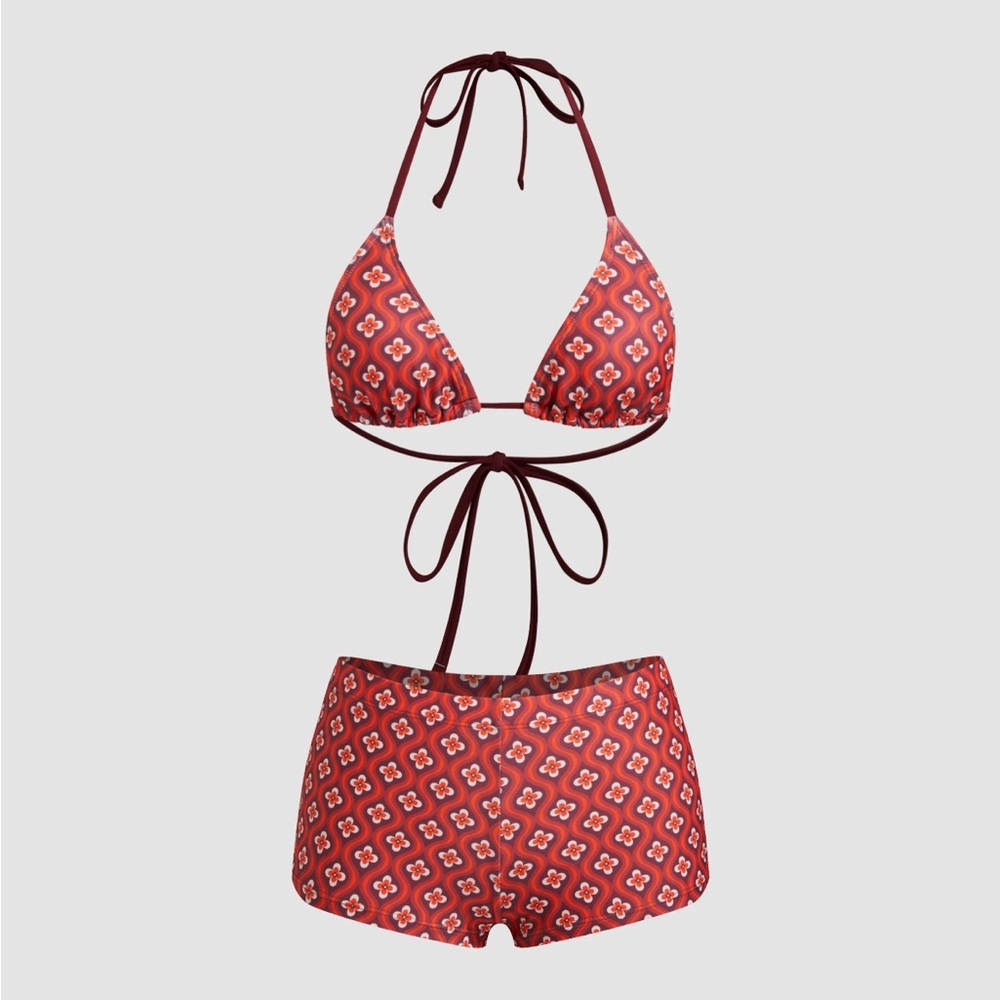 Cider Red Patterned Triangle Bikini Top with High-Waist Shorts